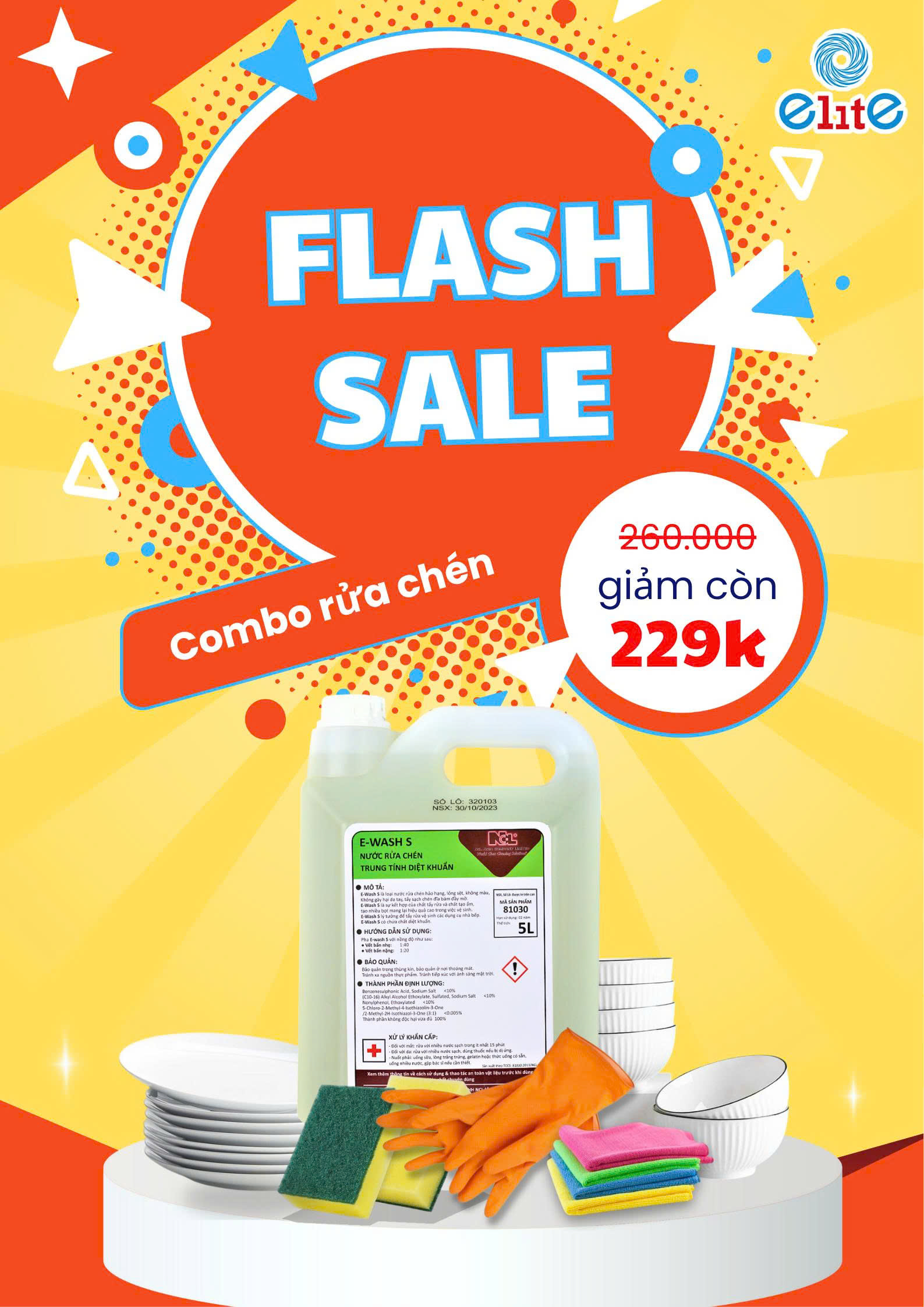COMBO RỬA CHÉN: Nước rửa chén 5L, Miếng bọt biển, khăn lau, găng tay